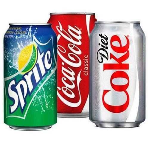 Cans of Coca-Cola, Sprite and Fanta, beverages produced by the