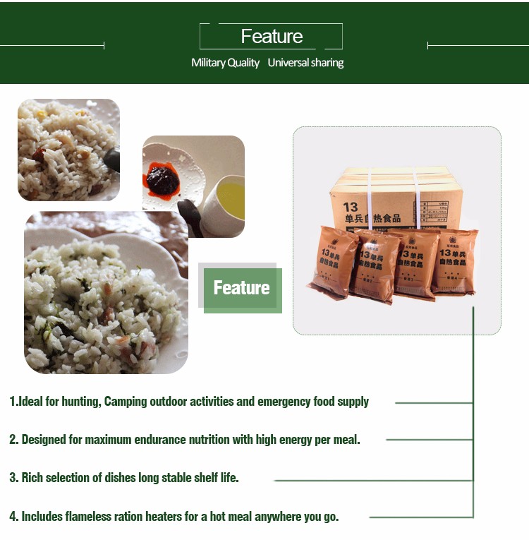 Hiking and camping food self heating MRE ration