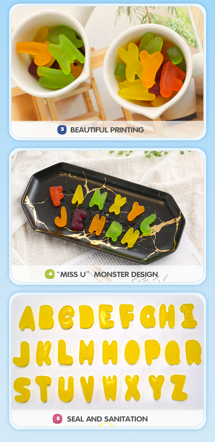 Free sample halal 1kg bulk packaging 26 letter shapes colorful gummy candy fruity gummy candy custom