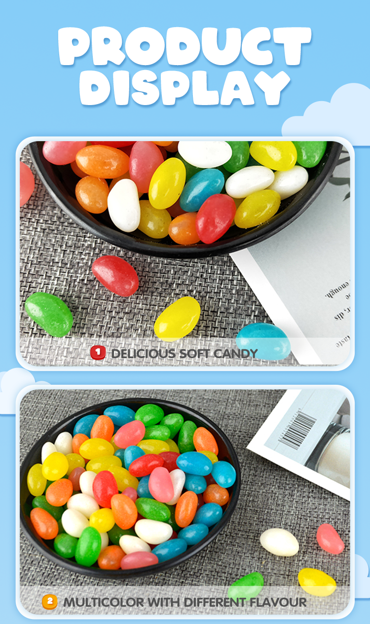Free sample doughnut halal packaging jelly bean assorted colors fruity flavours roll jelly bean soft candy