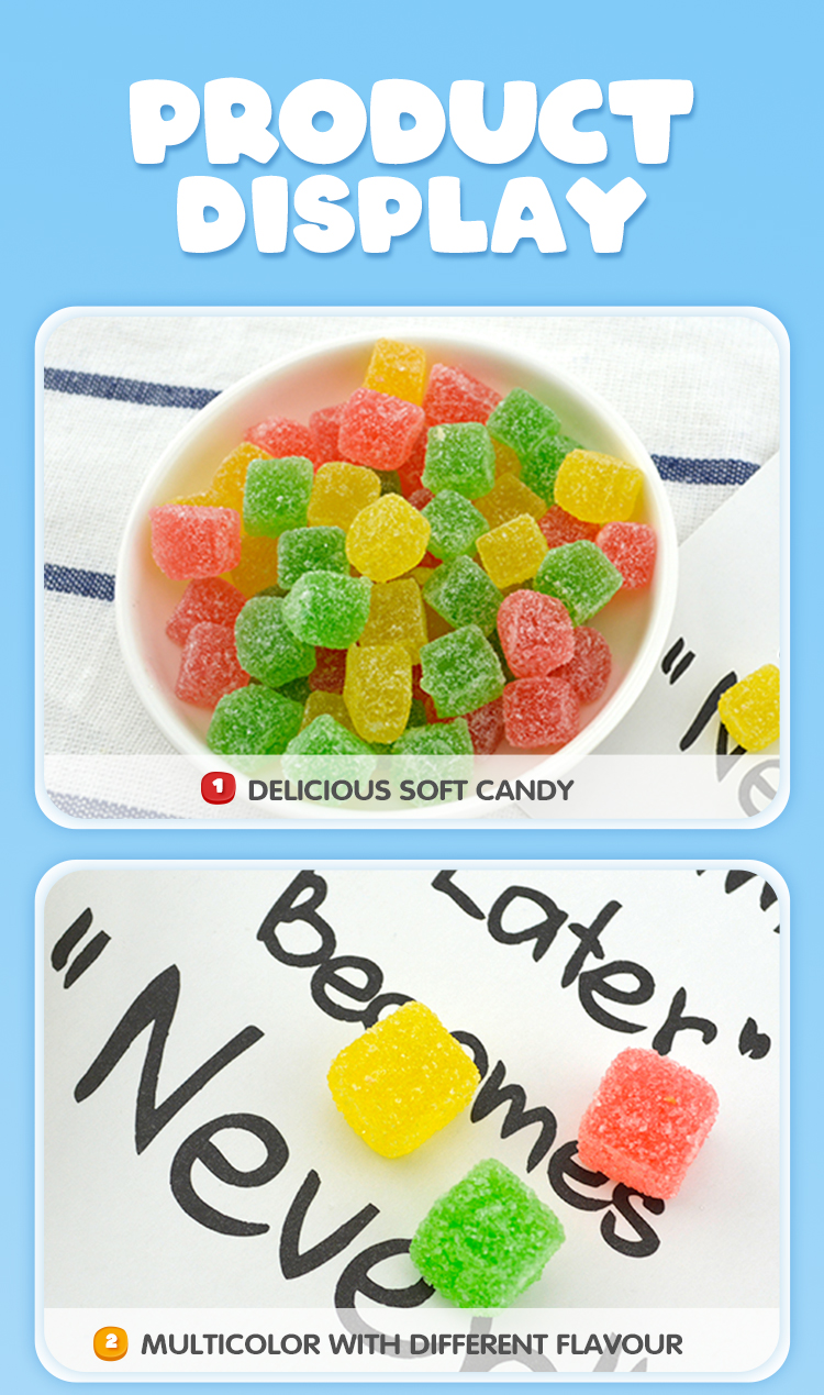 Free sample custom mini cube shape jelly candy gummy sour sweet edible sour patch fruit gummies in box
