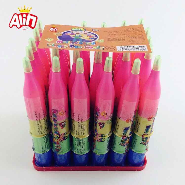 High quality pen shape ball-point pen with three layers transparent finger sugar hard candy
