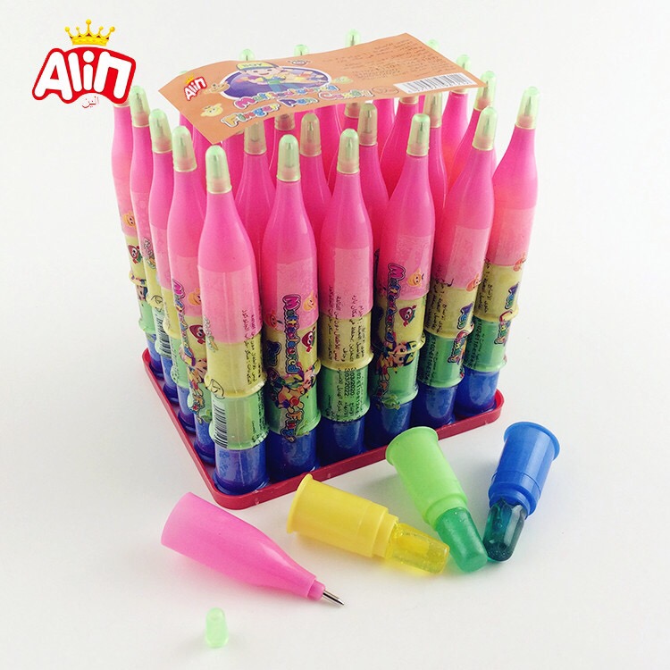 High quality pen shape ball-point pen with three layers transparent finger sugar hard candy