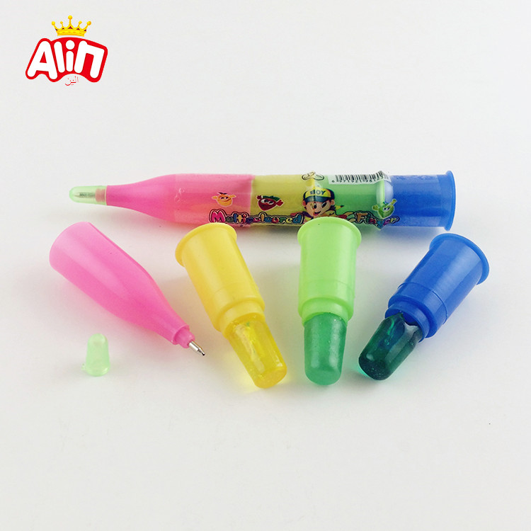 High quality pen shape ball-point pen with three layers transparent finger sugar hard candy