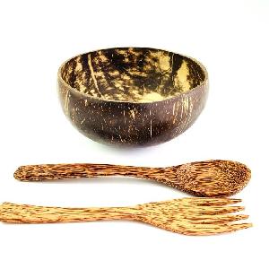Natural polished coconut shell bowl with spoon and fork coconut wooden cutlery
