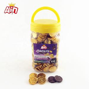 Hand grip Bottle full of small gold coin shaped chocolate candy