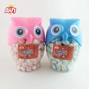 HALAL cotton cute OWL shape bottle fill with Cylindrical two colors Crispy marshmallow