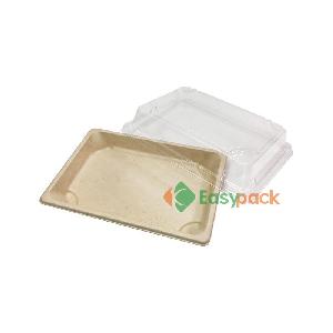 Rectangular biodegradable sushi takeaway container with plastic lid