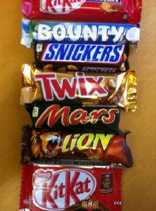Chocolate Bars Bounty, Twix, Mars, Snickers, Milky Way, Galaxy, Kit Kat, M&M, Hazelnut and More